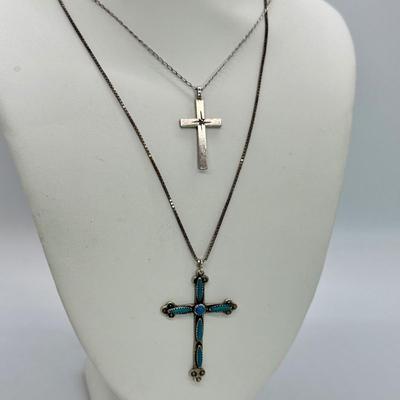 LOT 117: 925 Fine 20” Chain with Cross Pendant 2.4g and 925 Fine Box 24” Chain with Turquoise Cross 4.3 gtw