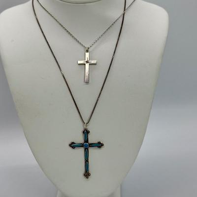 LOT 117: 925 Fine 20” Chain with Cross Pendant 2.4g and 925 Fine Box 24” Chain with Turquoise Cross 4.3 gtw