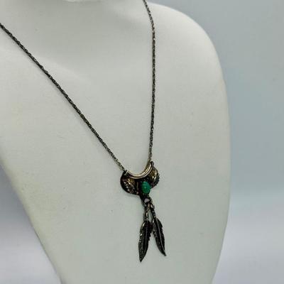 LOT 118: 18” Fine 925 Chain w/ Native American Inspired Feather Motif Pendant with Malachite Stone 4.1gtw