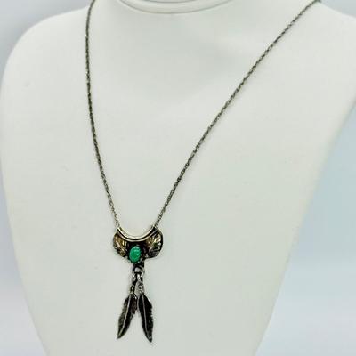 LOT 118: 18” Fine 925 Chain w/ Native American Inspired Feather Motif Pendant with Malachite Stone 4.1gtw