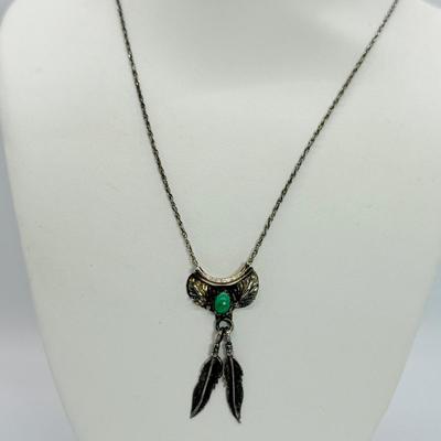 LOT 118: 18” Fine 925 Chain w/ Native American Inspired Feather Motif Pendant with Malachite Stone 4.1gtw