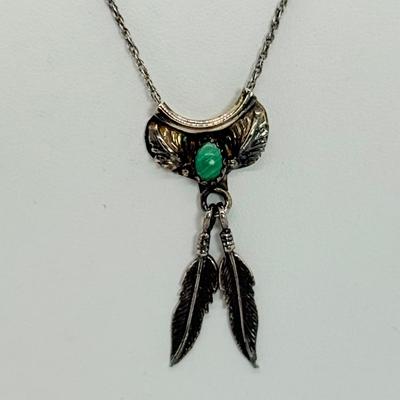 LOT 118: 18” Fine 925 Chain w/ Native American Inspired Feather Motif Pendant with Malachite Stone 4.1gtw