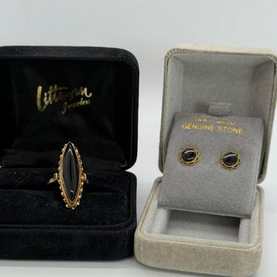LOT 119: Black Onyx over Gold Earrings and Ring 4.6 gtw