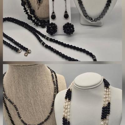 LOT 148jewelry: Assorted Black Necklaces, 16"-30", Hematite, Southwestern Style, Jonne Vintage Black Glass, Trifari Black and...