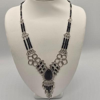 LOT 148jewelry: Assorted Black Necklaces, 16"-30", Hematite, Southwestern Style, Jonne Vintage Black Glass, Trifari Black and...