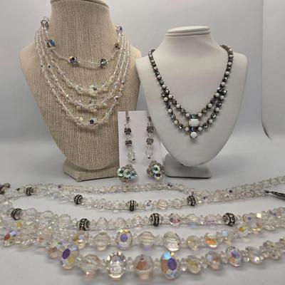 LOT 149jewelry: Vintage AB Crystal Necklaces and Earrings, 15"-21" lengths, Single, Double and Triple Strands