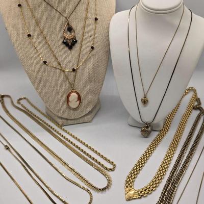 LOT 151jewelry: Assorted Gold-tone/Gold Filled 9'-18" Necklaces Including Monet Amber Stones, Sarah Coventry Cameo