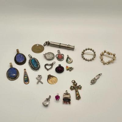 LOT 153jewelry: Various Themed Pendants with Pearl Brooches and Whistle