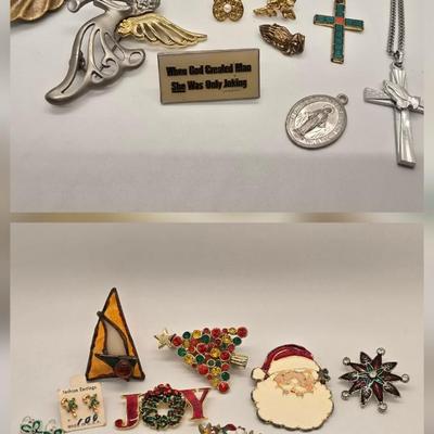 LOT 154jewelry: Religious Pendants, Pins and Holiday Themed Pins, Button Covers