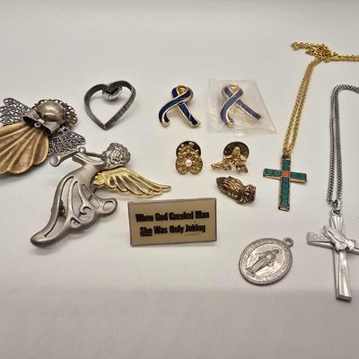 LOT 154jewelry: Religious Pendants, Pins and Holiday Themed Pins, Button Covers