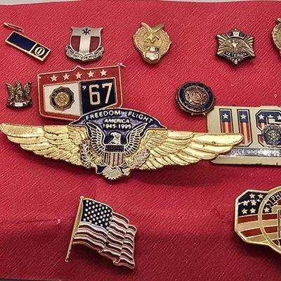 LOT 155jewelry: 20th Engineer Battalion Unit Crest Lapel Pins, Assorted Patriotic Pins with American Legion Tie Tack and Cuff Links