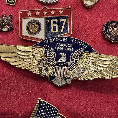 LOT 155jewelry: 20th Engineer Battalion Unit Crest Lapel Pins, Assorted Patriotic Pins with American Legion Tie Tack and Cuff Links