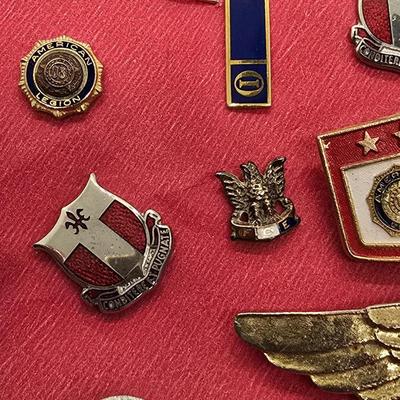 LOT 155jewelry: 20th Engineer Battalion Unit Crest Lapel Pins, Assorted Patriotic Pins with American Legion Tie Tack and Cuff Links