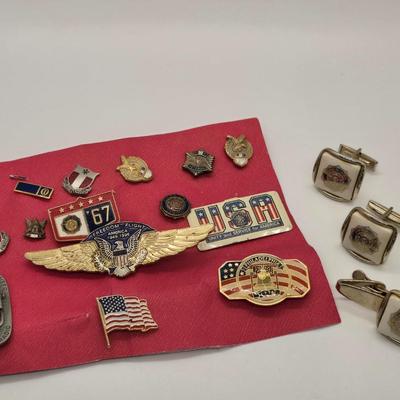 LOT 155jewelry: 20th Engineer Battalion Unit Crest Lapel Pins, Assorted Patriotic Pins with American Legion Tie Tack and Cuff Links