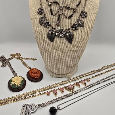 LOT 157jewelry: 7.5"- 24" Necklaces: Green/White and Orange Wood Flower Pendants, Grandmother Heart, Icing Silver-tone Black...