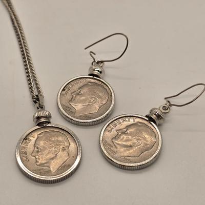 LOT 158jewelry: US Dime Necklace and Earrings, Enamel Flower Pendant and Earrings, Assorted Earrings