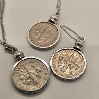 LOT 158jewelry: US Dime Necklace and Earrings, Enamel Flower Pendant and Earrings, Assorted Earrings