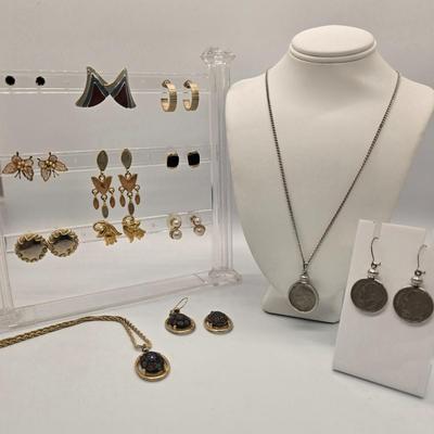 LOT 158jewelry: US Dime Necklace and Earrings, Enamel Flower Pendant and Earrings, Assorted Earrings