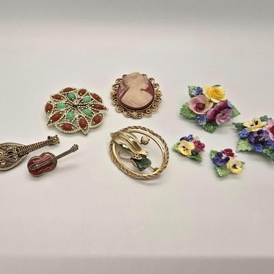 LOT 159jewelry: Denton China Brooches and Earrings with Cameo and Assorted Pins