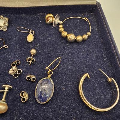 LOT 161jewelry: Gold Filled Cross and Stone Pendants with Odd Lot of Single Earrings, Hat Pin, and Earring Backs