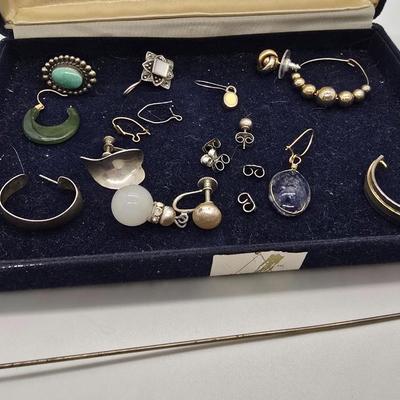LOT 161jewelry: Gold Filled Cross and Stone Pendants with Odd Lot of Single Earrings, Hat Pin, and Earring Backs