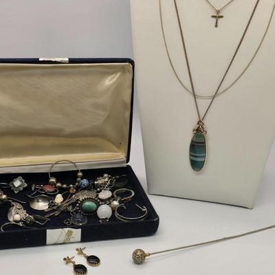 LOT 161jewelry: Gold Filled Cross and Stone Pendants with Odd Lot of Single Earrings, Hat Pin, and Earring Backs