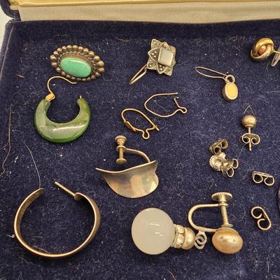 LOT 161jewelry: Gold Filled Cross and Stone Pendants with Odd Lot of Single Earrings, Hat Pin, and Earring Backs