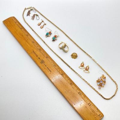 LOT 191: Vintage Jewelry - Krementz Gold Tone Herringbone Chain 24", Earrings, Pendant and More (Sterling Included)
