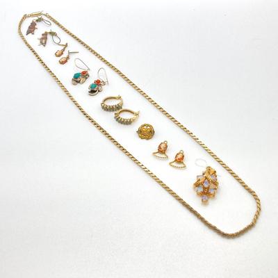 LOT 191: Vintage Jewelry - Krementz Gold Tone Herringbone Chain 24", Earrings, Pendant and More (Sterling Included)