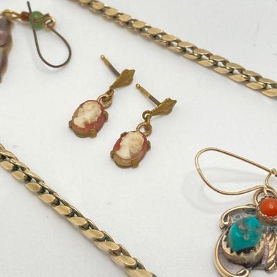 LOT 191: Vintage Jewelry - Krementz Gold Tone Herringbone Chain 24", Earrings, Pendant and More (Sterling Included)