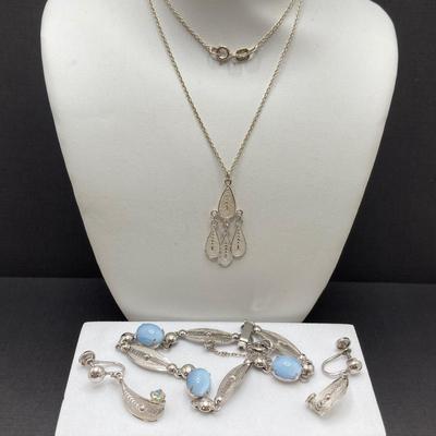 LOT 194: Sterling Jewelry Set - Necklace, Bracelet and Screw Back Earrings