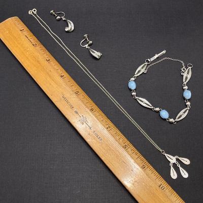 LOT 194: Sterling Jewelry Set - Necklace, Bracelet and Screw Back Earrings
