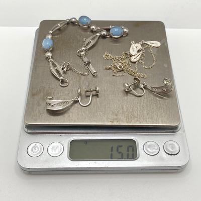 LOT 194: Sterling Jewelry Set - Necklace, Bracelet and Screw Back Earrings