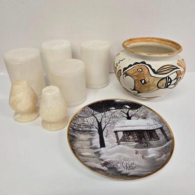 LOT 208: Vintage Signed Acoma Pottery Vase, Restoration Hardware Alabaster Apothecary Jars, Franklin Mint Collector's Plate and...