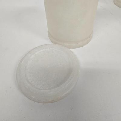 LOT 208: Vintage Signed Acoma Pottery Vase, Restoration Hardware Alabaster Apothecary Jars, Franklin Mint Collector's Plate and...