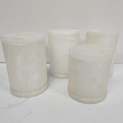 LOT 208: Vintage Signed Acoma Pottery Vase, Restoration Hardware Alabaster Apothecary Jars, Franklin Mint Collector's Plate and...