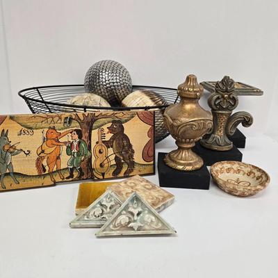 LOT 209: Slovenian Painted Beehive Front with Architectural Salvage Tiles, Hand Painted Ceramic Bowl and Home Decor