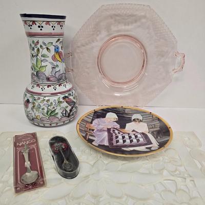 LOT 212: Signed Hsnd Painted Portuguese Vase, Pink Depression Glass Platter, Lenox "Little Quilters" Decorative Plate, Local...