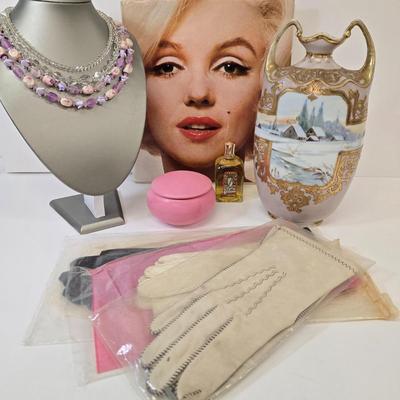 LOT 213: Marilyn Monroe Biography, Vintage Perfume, AB Crystal Necklaces, Ceramic Trinket Box, Vintage Gloves, and Nippon Style Porcelain...