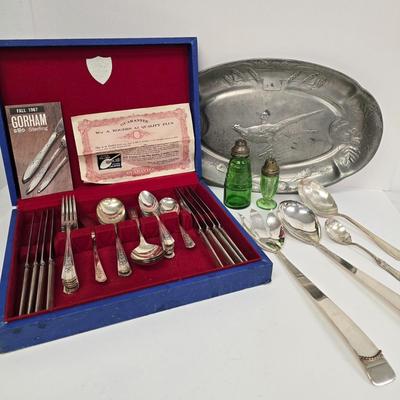 LOT 214: Wm.A. Rogers Oneida Silver plate Flatware, Hazel Atlas "Ribbon" Uranium Glass Shaker with Green Glass Shaker,...