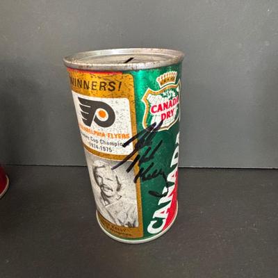 LOT 222: Autographed Canada Dry Philadelphia Flyers Banks, Bob Kelly Photograph & Unopened Can