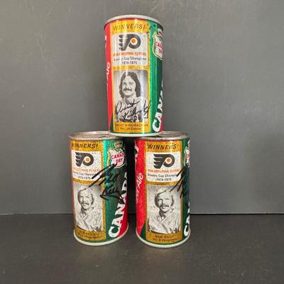 LOT 222: Autographed Canada Dry Philadelphia Flyers Banks, Bob Kelly Photograph & Unopened Can