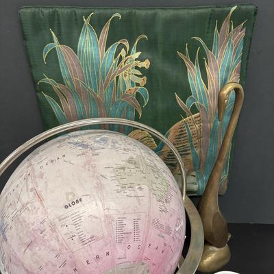 LOT 234: Hand Crafted Thai Silk Pillow Cover, Solid Brass Heron Bird, World Globe & Vintage Teacup