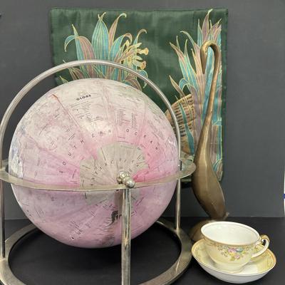 LOT 234: Hand Crafted Thai Silk Pillow Cover, Solid Brass Heron Bird, World Globe & Vintage Teacup