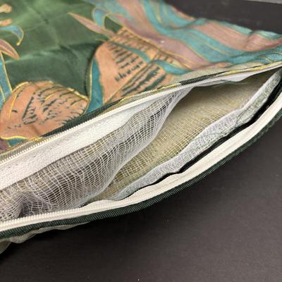 LOT 234: Hand Crafted Thai Silk Pillow Cover, Solid Brass Heron Bird, World Globe & Vintage Teacup