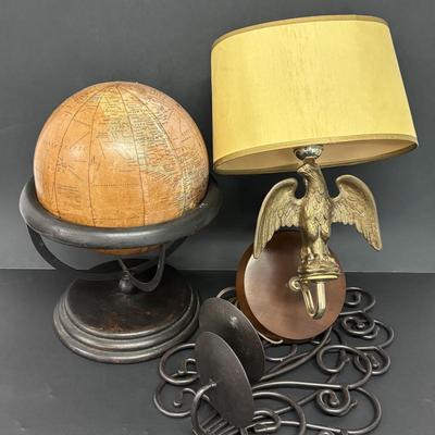 LOT 236: Home Decor: Brass Eagle Wall Lamp, Globe along with Matal Candle Wall Sconces