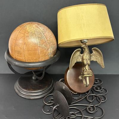 LOT 236: Home Decor: Brass Eagle Wall Lamp, Globe along with Matal Candle Wall Sconces