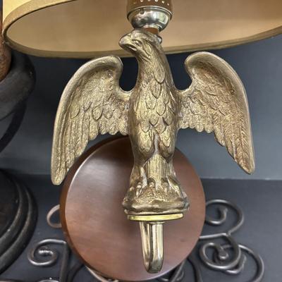 LOT 236: Home Decor: Brass Eagle Wall Lamp, Globe along with Matal Candle Wall Sconces