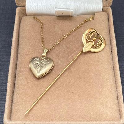 LOT 246: Vintage Gold Filled Jewelry Collection - Van Dell, Heart Locket, Brooch and More