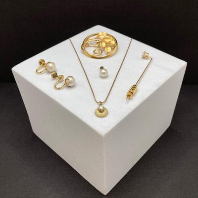 LOT 247: Gold Filled Jewelry Collection - Pendant Necklace, Brooch, Earrings and More